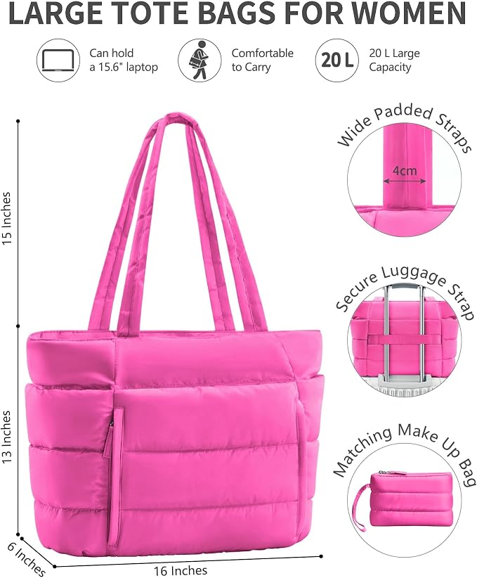Bagstellar Puffer Tote Bag for Women, Lightweight Puffy Work Handbag Teacher Nurse Quilted Shoulder Bag for School Travel Gym | Cloud Bag w/ Zipper