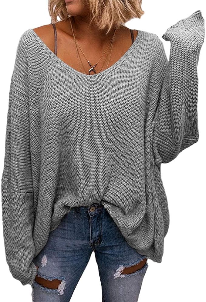 BZB Women's V Neck Long Sleeve Knit Loose Oversized Pullover Sweater Top