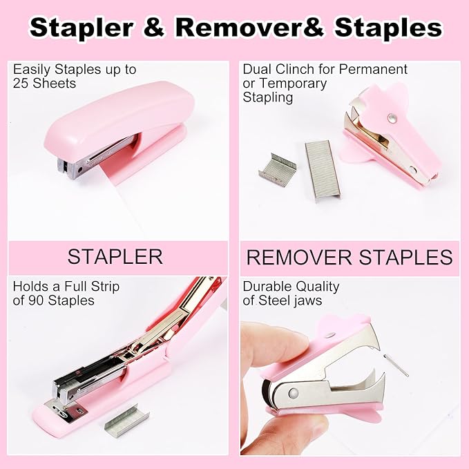 Gawsey Desk Organizers and Accessories Set with 360-Degree Rotating Pen Holder, Tape Dispenser, Stapler, Staple Remover, 1000 Staples, Tape, Clips Set, Ruler, Scissor, Pen (Pink-A)