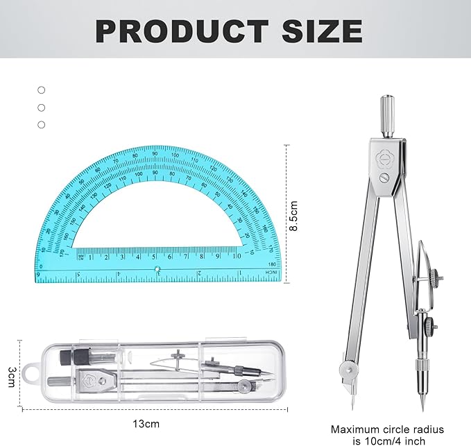 Zonon Student Protractor and Compass Set, Student Geometry Math Set, Compass for Geometry and 180 Degree 6 Inch Protractor for Drawing Measuring School Office(1 Pcs,Blue)