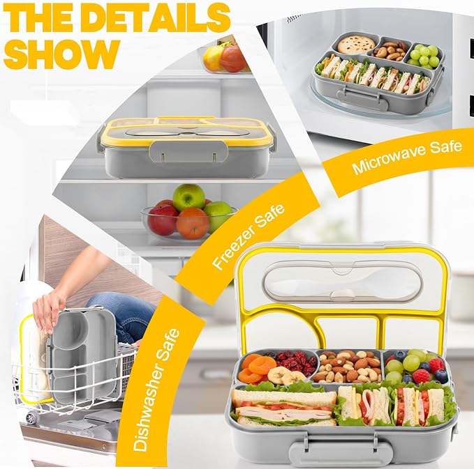 Bento Box for Adults,4 Compartments Lunch Box, Lunch Containers,Grey