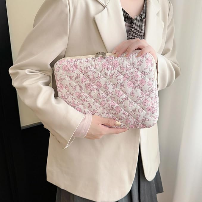 Puffy Laptop Sleeve 13-15.6 Inch Cute Quilted Laptop Protective Case Padded Floral Computer Sleeve for MacBook (B-Pink Floral, 11 Inch)