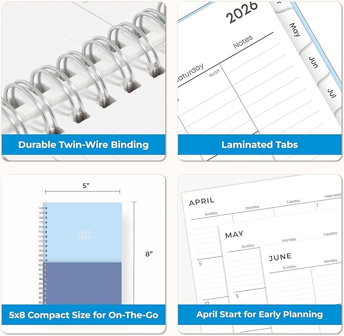 Blue Sky 2026-2027 Weekly and Monthly Academic Year 15 Month Planner Calendar, April 2026 - June 2027, 5" x 8", Flexible Cover With Pockets, Wirebound, Storage Pocket, Blues