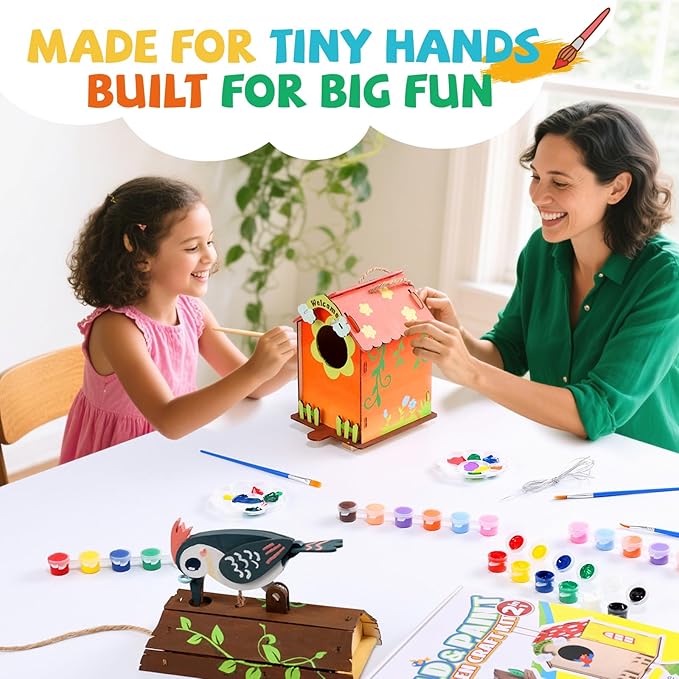 JMMICO Paint Your Own BirdHouses, Wooden Painting Crafts Kits for Kids, Wooden Woodpecker Doorbell & DIY Bird House for Outside, Arts and Crafts for Kids, Easter Gifts for 8-12 Year Old Girls Boys