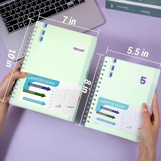 FLYING EAGLE Hardcover Spiral Notebooks 7" X 10" Note Taking 5 Subject Notebook Wide Ruled with Dividers, 204 Pages Lined Spiral Journal Notebook for Work Writing, Green B5