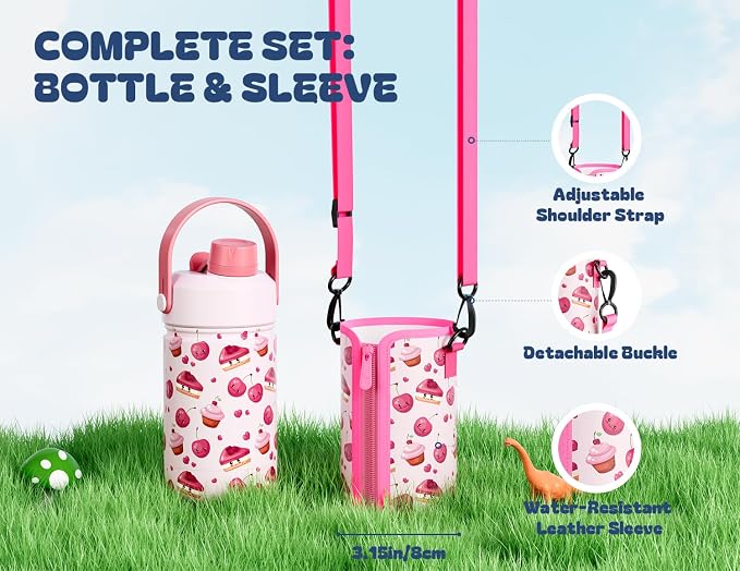 12 oz Insulated Water Bottle for Kids: 2-in-1 Straw Spout Lid, Spill-proof, BPA-Free, Easy Clean, Keep Cold 24H, Cute Patterns, Stainless Steel Cup for School, Travel, Holiday Gift (Cherry Yum Yum)