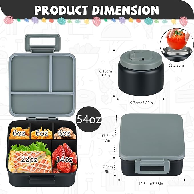 MAISON HUIS Bento Lunch Box with 8oz Soup Thermo, 5-Compartment Leak-Proof Container, Thermo Hot Food Jar and Insulated Lunch Bag, BPA Free,Travel, School (Gray)