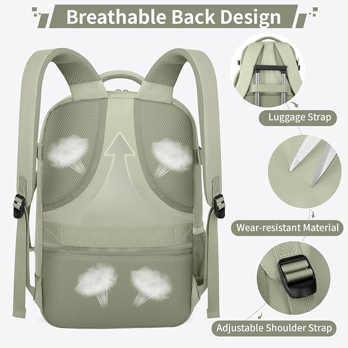 ZOMFELT Travel Backpack for Women Men, 18 x 14 x 8 inch Carry on Backpack | 17.3 inch Laptop Backpack Flight Approved, Personal Item Travel Bag Casual Daypack for Weekender Business Trip, Green