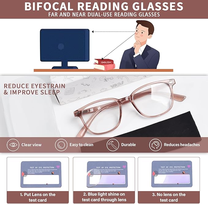 Bifocal Reading Glasses for Women, Blue Light Blocking Computer Readers with Spring Hinges, Retro Square Frame