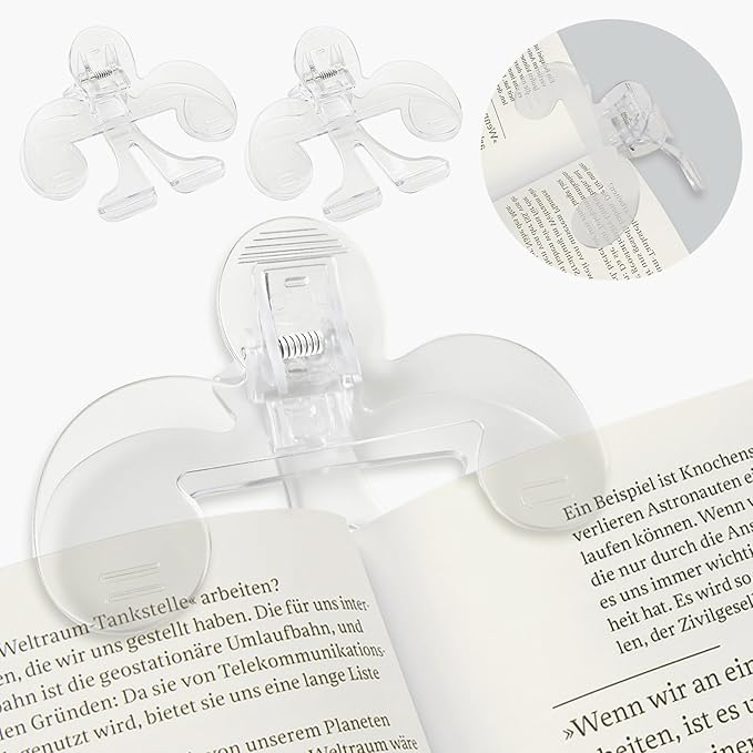 3-Pack Crystal-Clear Book Page Holder Clips - 12° Hands-Free Reading Stand & Page Keeper, High Clarity PC Book Clips for Secure Grip (Transparent)
