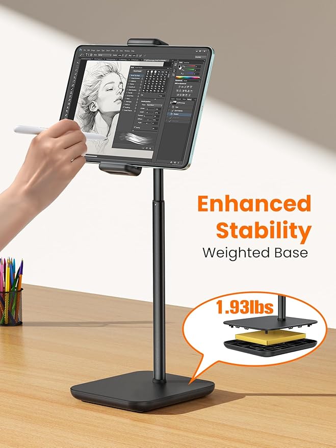 tounee Height Adjustable Tablet Stand, 3.5lb (1.6kg) Max Support, Up to 18" Tall, Slim Portable Monitors Stand Compatible with iPad Pro 12.9, Surface Pro, All 4.7"-15.6" Devices - Black