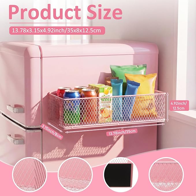 FoldTier 1 Pack Pink Magnetic Basket Fridge Organizer, Magnetic Shelf Containers Storage Bin Holder for Kitchen Dorm Locker Refrigerator Classroom Whiteboard Office Table (13.8 x 3.1 x 4.9 Inch)
