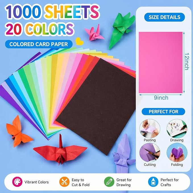 Henoyso 1000 Sheets Construction Paper Bulk, 9 x 12 Inches Assorted Colored Lightweight Paper Craft for Kids Classroom Teachers, School Supplies for Arts and Crafts (Multicolored)