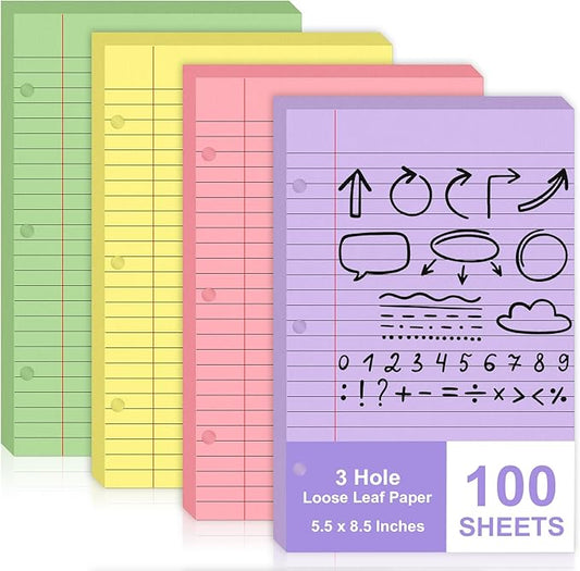 100 Sheets Mini Binder Loose Leaf Paper 5.5 x 8.5 Small Binder Filler Paper Lined College Ruled Paper for Mini 3 Ring Binder 3 Hole Punched Notebook Paper Pocket Folders for School Supplies (100)