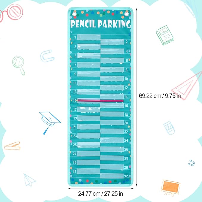 Sabary Pencil Parking Pocket for Classroom,Hanging Pencil Holder Wall Organization Numbered pencils Dispenser with Magnetic Strip Grommets for Back to School Student Essentials(Bright)