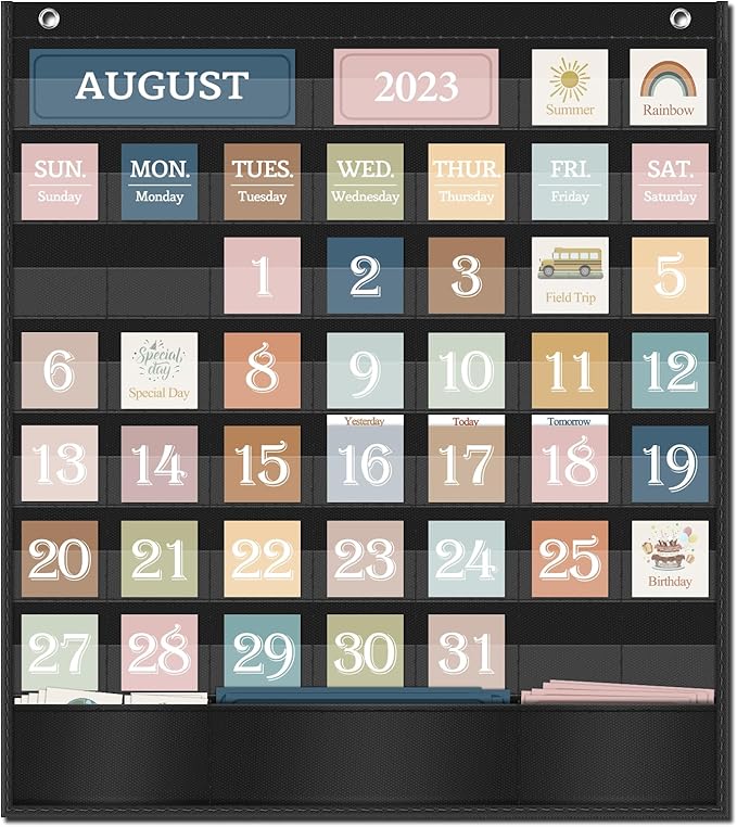 Boho Calendar Pocket Chart for Classroom Cards Add-On School Supplies Teacher Decorations Bulletin Board Pre-K To 6th Grade, Black-1