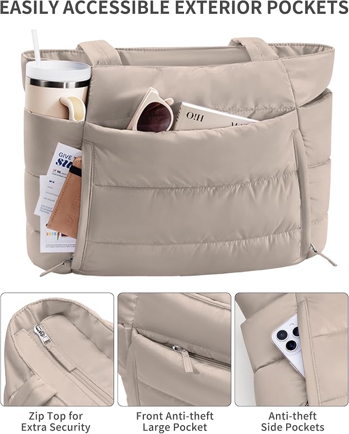 Bagstellar Puffer Tote Bag for Women, Lightweight Puffy Work Handbag Teacher Nurse Quilted Shoulder Bag for School Travel Gym | Cloud Bag w/ Zipper