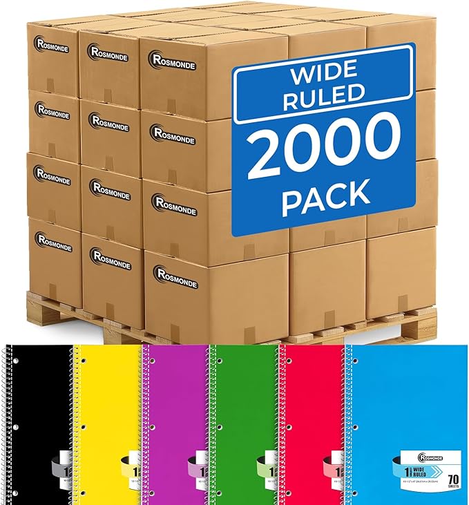 Rosmonde 2000 Packs (Pallet) 1 Subject Notebooks, Spiral Notebook Bulk, Wide Ruled, 70 Sheets (140 pages), Pallet of Notebooks, 8 x 10-1/2" Bulk Spiral Notebooks for School & Office, 4-7 Days Transit