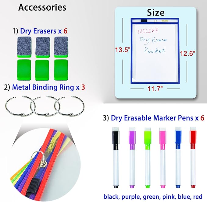 MILEKE Heavy Duty Dry Erase Pockets, Rewritable Dry Erase Sleeves for School and Work, Clear workSheet Protectors, 10" x 13.5" Plastic Ticket Holders, 6 Colors Assorted, Pack of 18