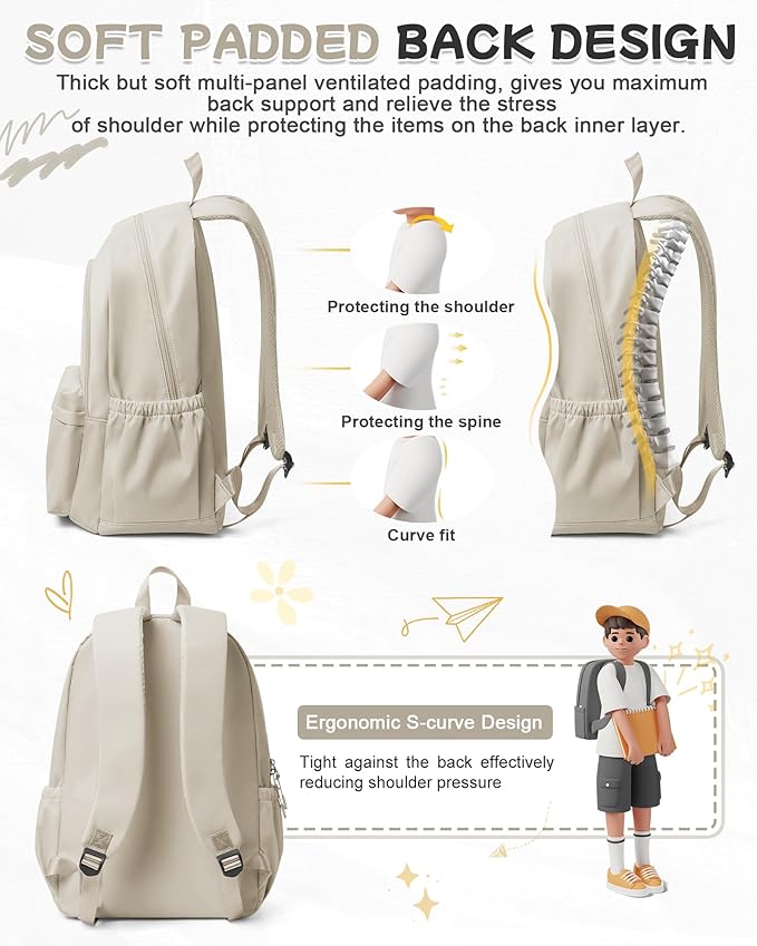 BJLFS Khaki School Backpack for Girls Women Waterproof High School Book Bag Cute Backpack for Men Teens Boys, Lightweight Simple Middle School Back Pack Daypack