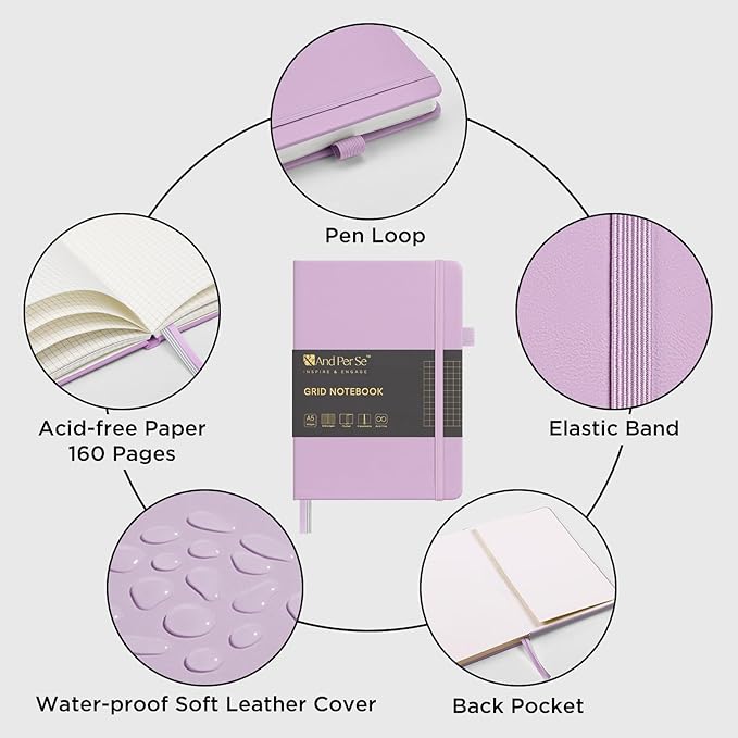 &And Per Se Graph Notebook, 5mm Grid, A5 Hardcover, 160 Pages 100gsm Thick Paper, Grid Journal for Diagrams, Wireframes, CAD Sketches (Lavender)