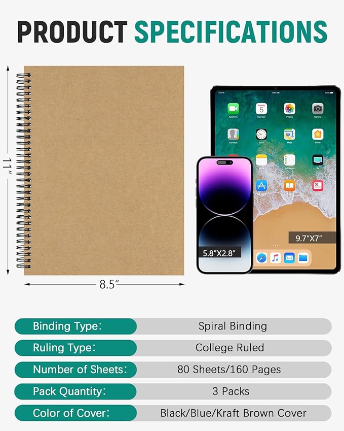 Dynta 3Packs Large Spiral Notebooks 8.5 "x 11" Lined College Ruled Journals for Work, School, Good for Students and Office, 160 Pages/80 Sheets with 100 GSM Lined Paper(3 Colors)