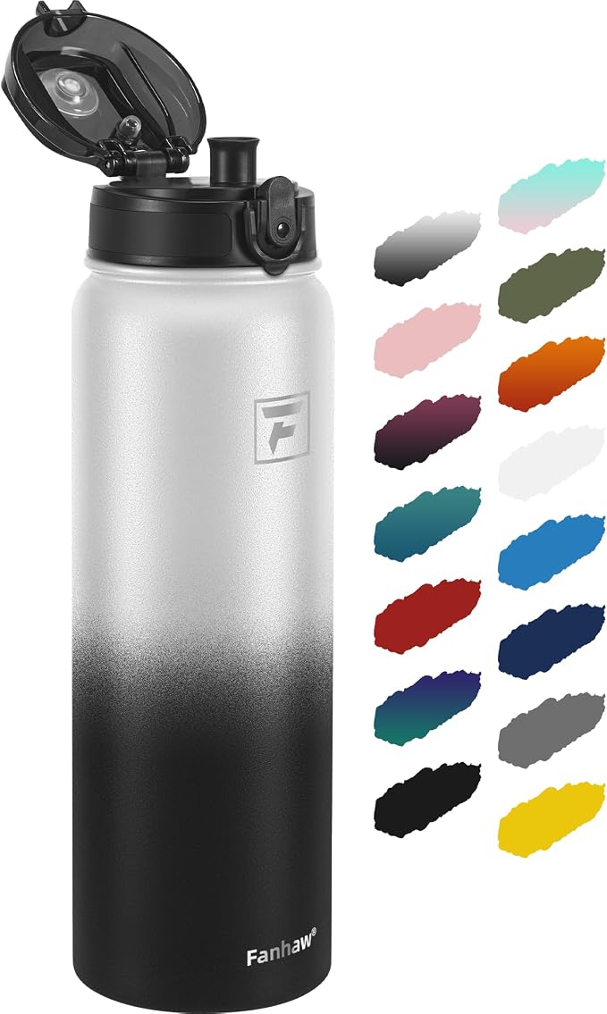 Fanhaw 32 oz Insulated Stainless Steel Water Bottle with Anti-Dust Chug Lid, Leakproof Vacuum Sports Bottle for Kids, Teens & Adults, Back to School Essentials (White Black)