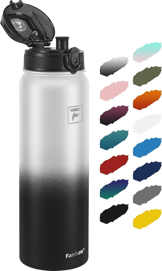 Fanhaw 32 oz Insulated Stainless Steel Water Bottle with Anti-Dust Chug Lid, Leakproof Vacuum Sports Bottle for Kids, Teens & Adults, Back to School Essentials (White Black)