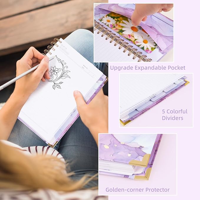 Spiral Notebooks for Work, 240 Pages Lined Spiral Journal Notebook, 5 Subject A5 College Ruled Journals for Writing, 8.6”x6.2''Journaling Notebooks for School Office Supplies(Purple&Pink)