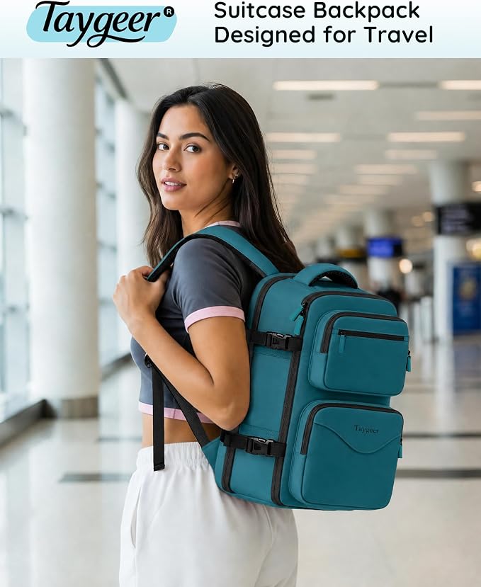Taygeer Airline Approved Carry on Backpack, Womens Weekender Travel Bag | Luggage 15.6 Inch Laptop Backpack with Water Bottle Pocket & Shoe Pouch, Travel Gifts for Frend Outdoor Weekend, Peacock Blue