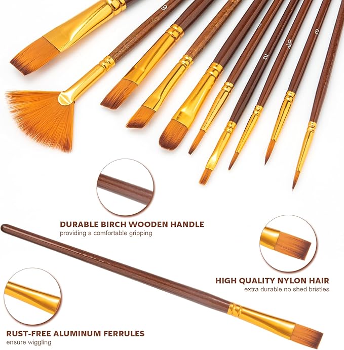 Paint Brushes Set, 10 PCS Professional Artist Painting Brushes Kit for Acrylic Watercolor Oil Gouache Painting - for Beginners or Artists (Brown)