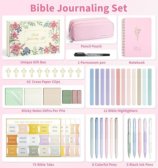 47Pcs Bible Study Supplies, Bible Journaling Kit for Women, Pink Pencil Case, 12 Pastel No Bleed Highlighters and 6 Colored Pens, Bible Tabs and More, Book Annotation Kit for Women & Men (Pink)