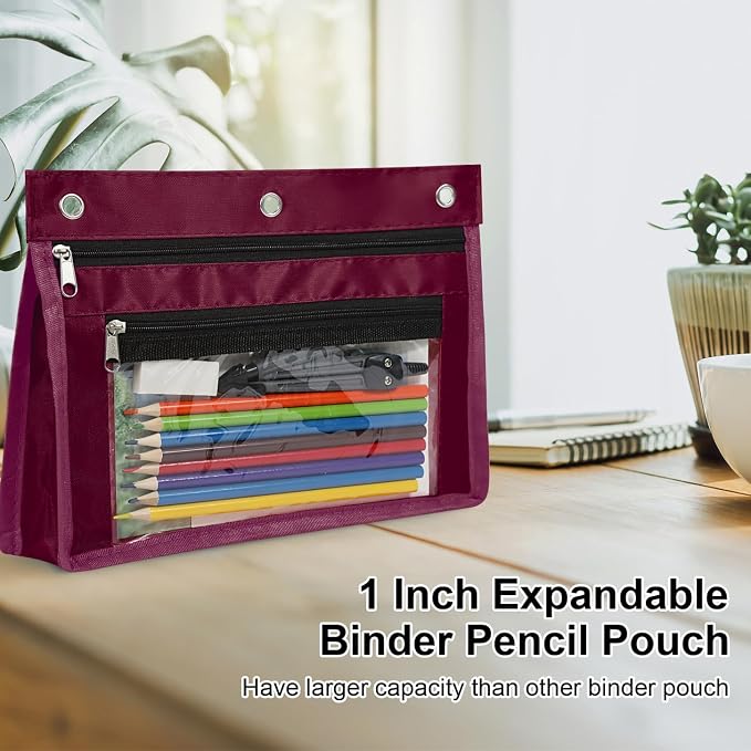 YoeeJob 2 Pack Expandable Pencil Pouches for 3 Ring Binders, Wine-red | 1-inch expansion, 2 clear PVC pockets, 3 holes, large-capacity storage for school and office supplies.