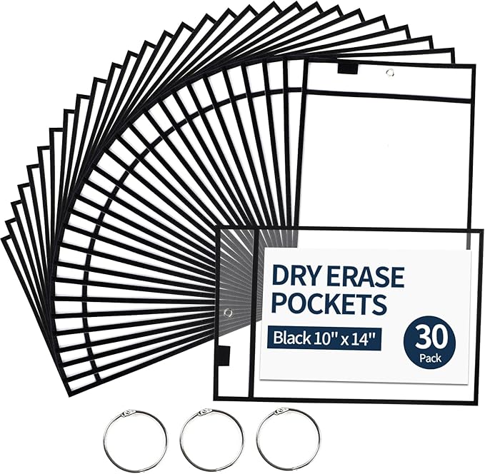 Ufamrine 30 Pcs Dry Erase Pockets Sleeves Black, Job Ticket Holders (10" * 13"), Reusable Plastic Sleeves for Teacher Classroom