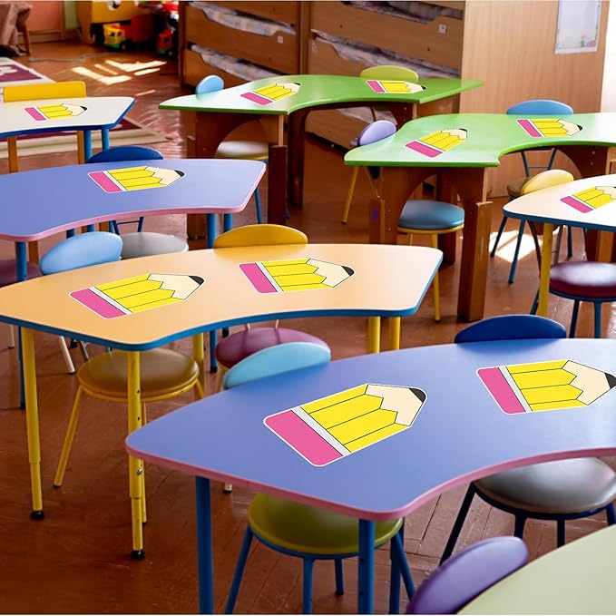 Whaline 12 Pcs Pencil Dry Erase Dots Removeable Vinyl Sticker Spots Yellow Pink Pencil Shape Dry-Erase Board Stickers for Back to School Whiteboards Desks Wall Teaching Supplies