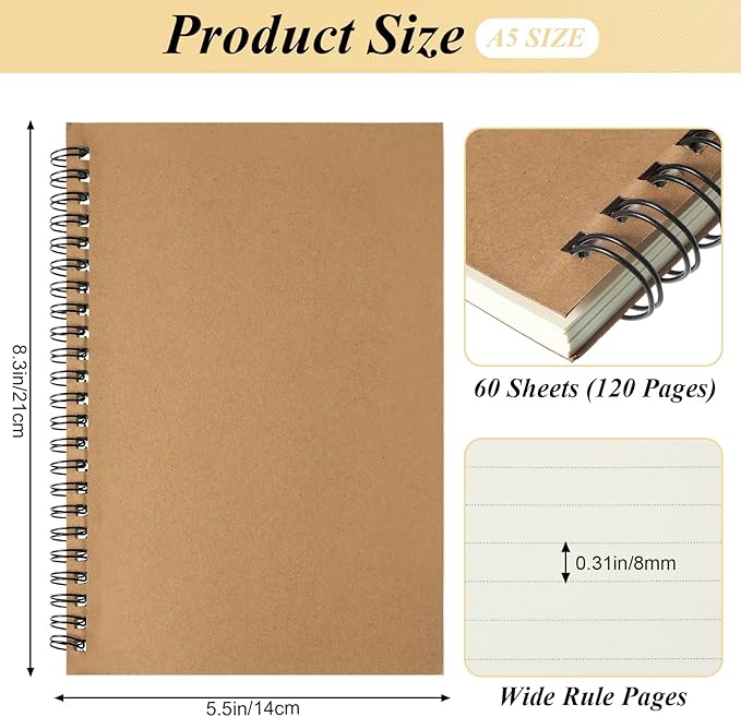 Leelosp 12 Pcs Small Spiral Notebook Lined Spiral Journal College Ruled Notebook Wire Bound Kraft Cover, 120 Pages for Work (Brown,Black,5.5 x 8.3 Inch)