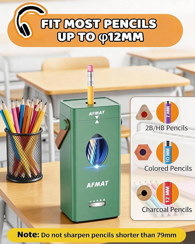 AFMAT Electric Pencil Sharpener, Rechargeable & Cordless, Fully Automatic Pencil Sharpener for Classroom, Auto in & Out, 5 Sharpness Modes, Heavy Duty Sharpeners for 6-12mm No.2/Jumbo Pencils PSC7