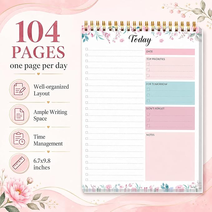 To Do List Notepad - Daily Planner Notepad 104 Pages Task Planner, 6.7" x 9.8" Double Sided Spiral Notebook with Checklist Productivity Planning Pad for Work Office Home-Pink