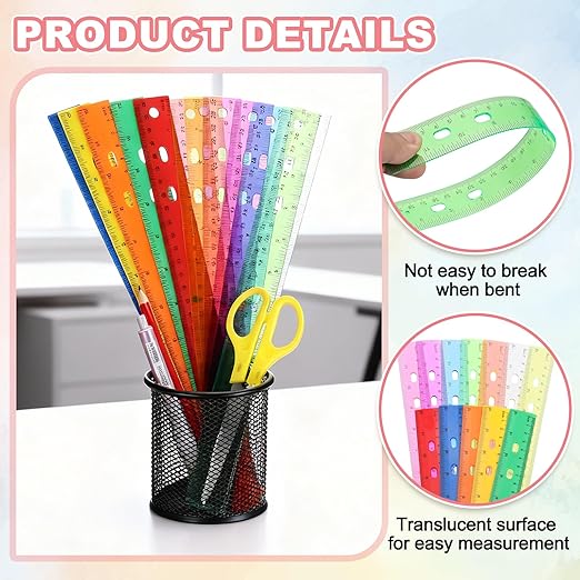 HARFINGTON 5pcs Plastic Rulers 12" (30cm) Clear Straight Ruler Measuring Tool Inches and Centimeters with Hole for Home Office Classrooms Drafting, Clear Green