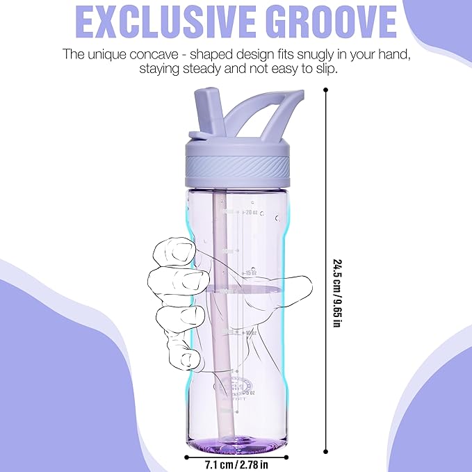 OLDLEY 20oz Kids Water Bottle with Straw, BPA-Free Tritan Water Bottle for School, Leakproof Clear Water Bottle with One Click Open, Measurement Scale, Cup Holder Friendly for Boys Girls,Purple