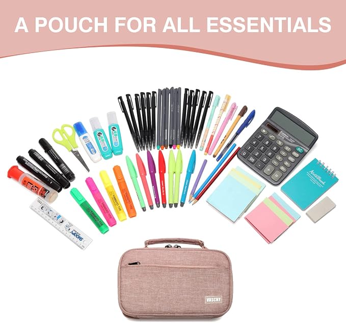 VASCHY Pencil Case, Large Pencil Pouch with Compartments for Middle School,Work,Office Pen Organizer Holder School Supply Pink