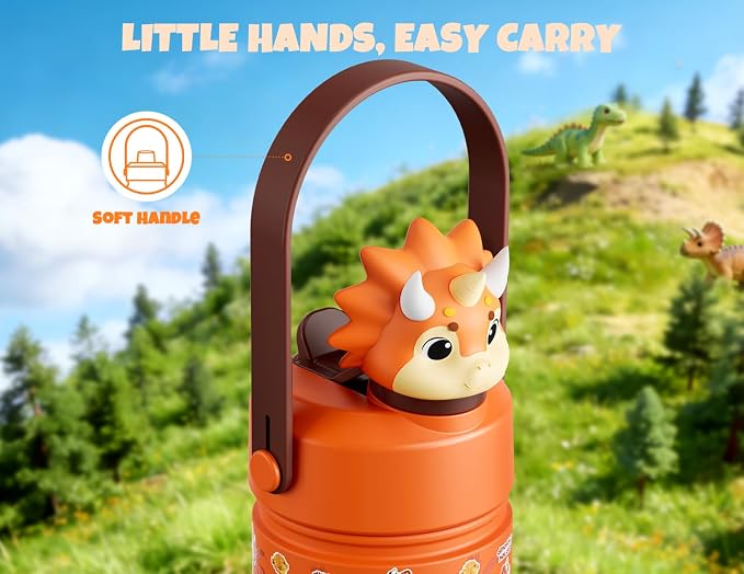 POWCAN 18 oz Kids Water Bottle Insulated: 2-in-1 Straw Spout Lid with Soft Animal Head, BPA-Free, Leakproof, Keep Cold 24H, Backpack Friendly, Stainless Steel Cup for School, Trip, Gift (Sunny Trike)