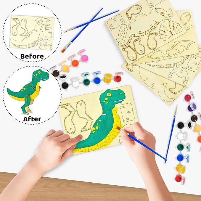 Vileafy Wooden Dinosaur Crafts for Kids Ages 4-8, 3D DIY Painting Kit with 6 Dinosaurs Toys, Brushes & Paint -Arts and Crafts - Preschool Activity and Gift for Boys and Girls