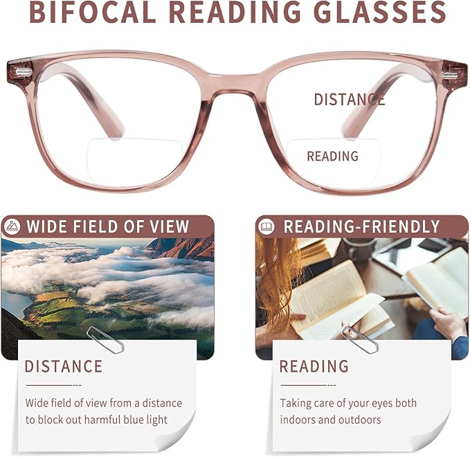 Bifocal Reading Glasses for Women, Blue Light Blocking Computer Readers with Spring Hinges, Retro Square Frame