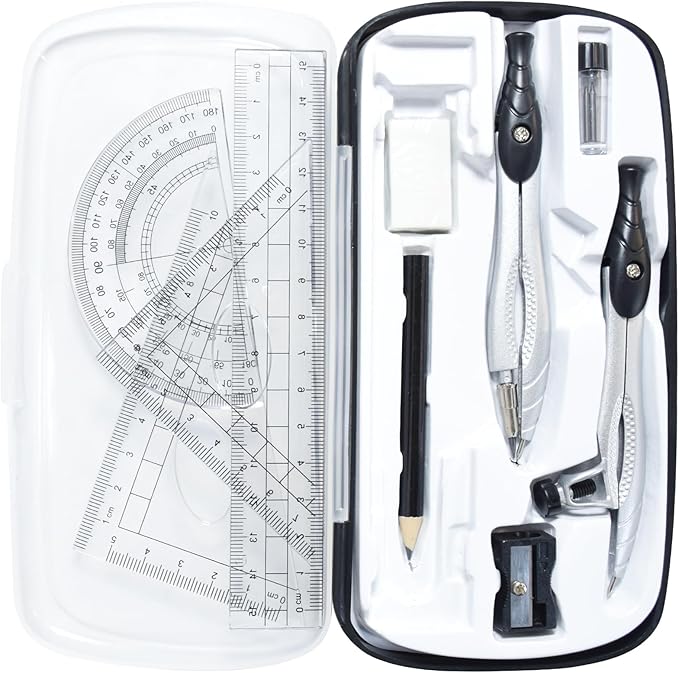 SAYEEC Geometry Set, 10 Pcs Math Protractor Compasses Kit with Ruler, Triangles, Eraser, Sharpener, Lead Refills, Pencil, Storage Box, Drafting Drawing Tools for Architects Engineers Artists