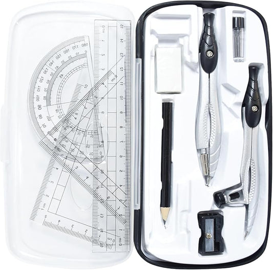 SAYEEC Geometry Set, 10 Pcs Math Protractor Compasses Kit with Ruler, Triangles, Eraser, Sharpener, Lead Refills, Pencil, Storage Box, Drafting Drawing Tools for Architects Engineers Artists