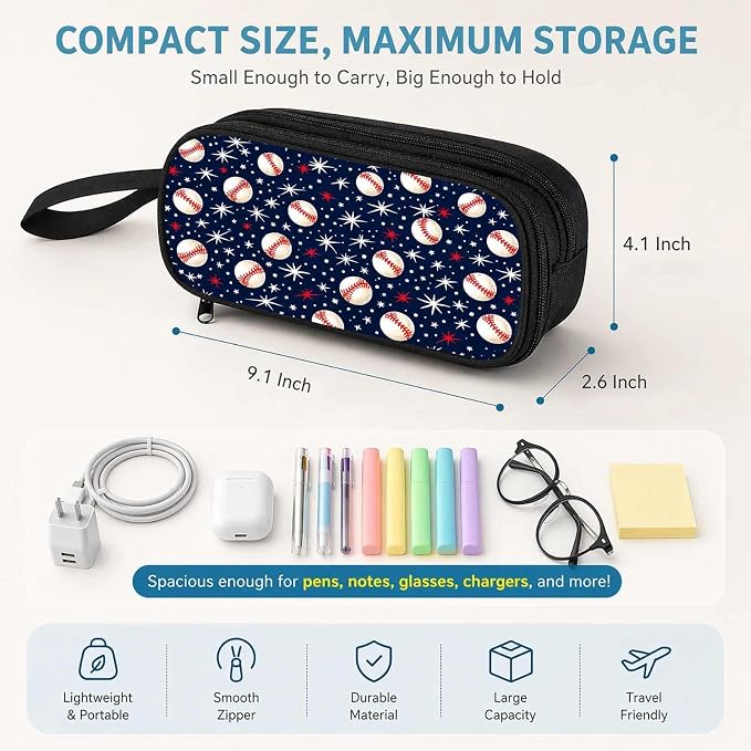 Firmiso Kids Pencil Case, Baseball Star Pattern, Large Capacity Double Zipper Pencil Pouch with Compartments, Durable Polyester School Supplies Organizer, Pen Bag for Boys Girls Students
