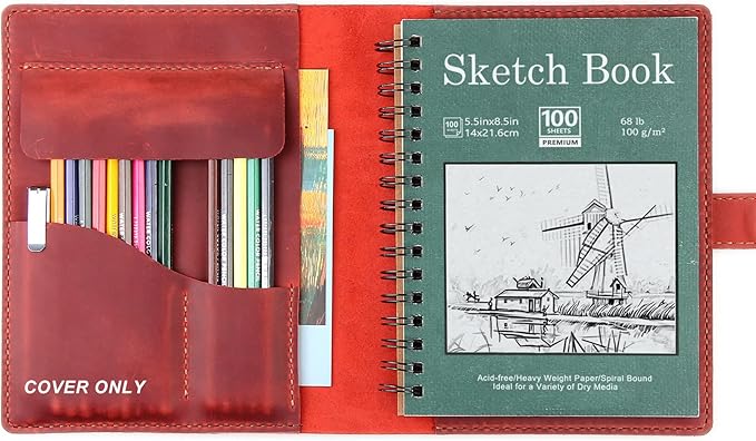 Robrasim Handmade Leather Sketchbook Cover, Leather Artist Sketch Pad Cover for 5.5" x 8.5" Sketchbook, Drawing Book and Pencil Case, Journal Notebook Portfolio, Artis Gifts-Wine