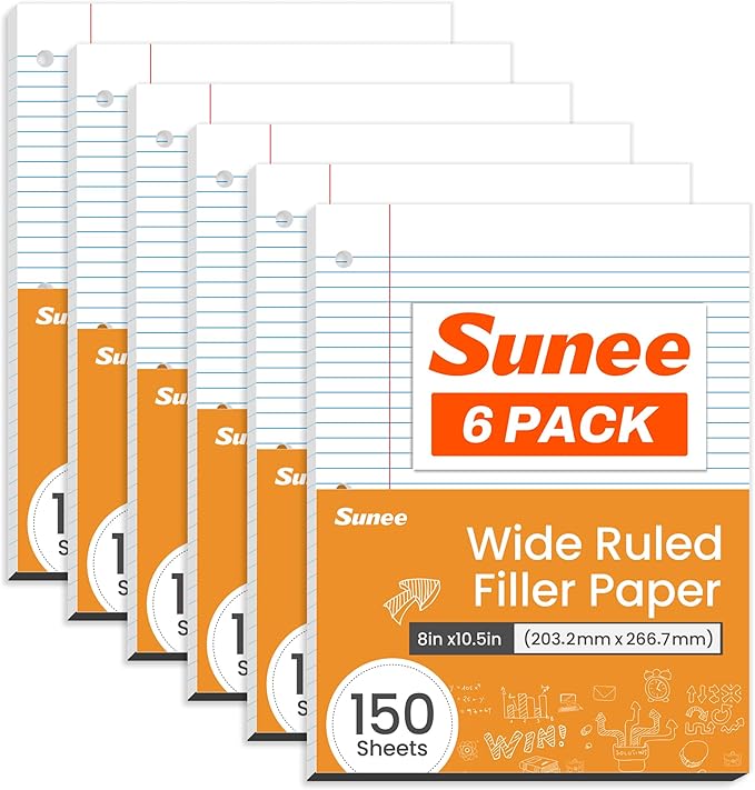 SUNEE Loose Leaf Paper, 900 Sheets, 6 Pack Wide Ruled Paper, 8 x 10-1/2 Inch Filler Paper, 3 Hole Punch Binder Paper, Loose Leaf Notebook Paper, 150 Sheets/Pack