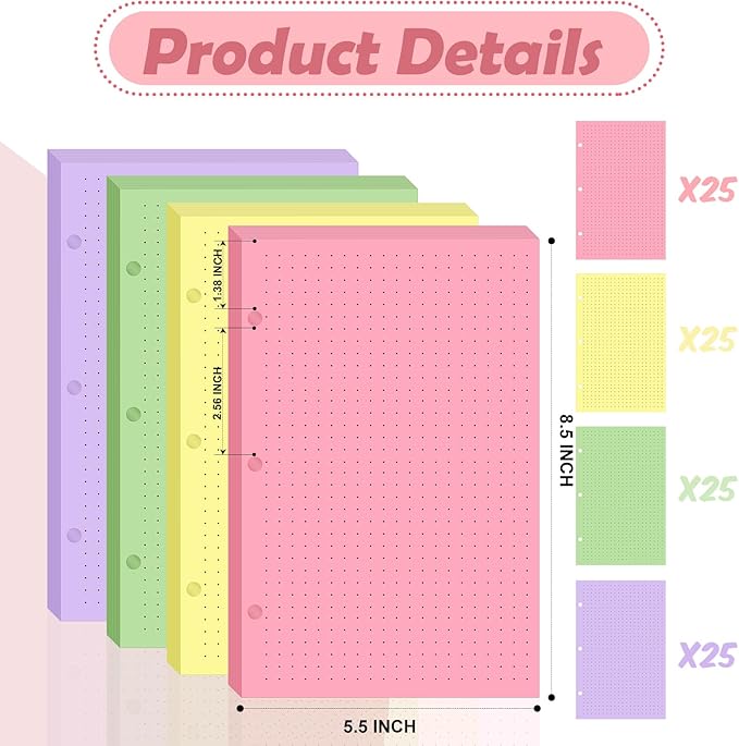 100 sheet Half Letter Dotted Refill Paper 3 Hole Punch 5-1/2 x 8-1/2 College Ruled Dot Grid Paper Refill Colored Mini Binder Paper Planner Inserts Fits Mini 3 Ring Binder Office